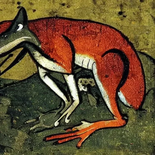 Image similar to wolf fights frog, medieval painting,