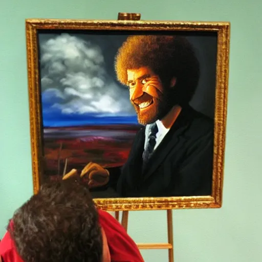 Image similar to oil painting of Bob Ross painting the devil and making him smile and blush