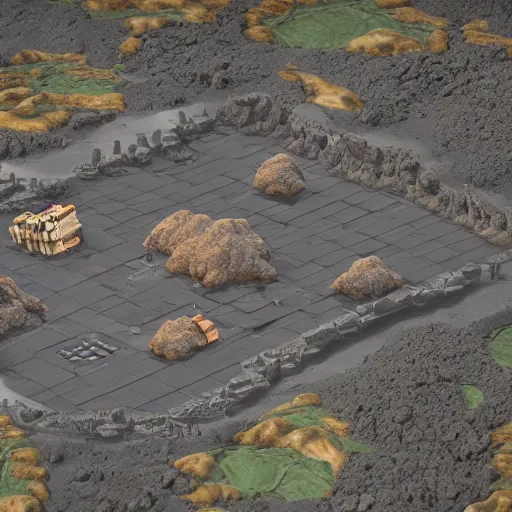 Prompt: isometric view of a small colony on a lava planet, photorealistic unreal engine