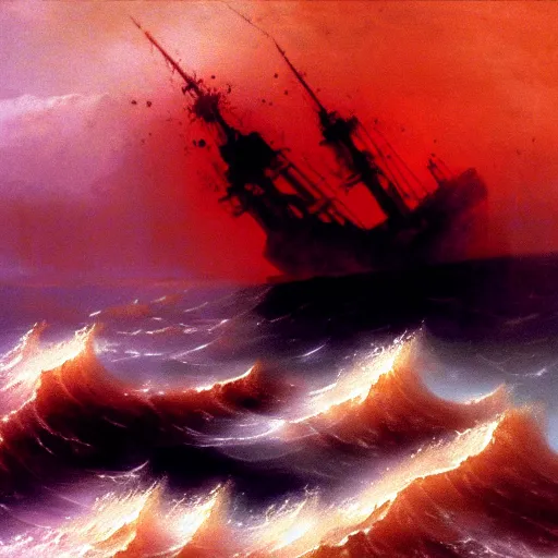 Image similar to bloody ocean, rusted iron ship sinking in red blood ocean, by Ivan Aivazovsky, junji ito, hd 8k