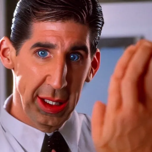 Prompt: Ross Geller as The American Psycho sweating as he looks at you in psychopathic disbelief after you tell him you ate his sandwich with the moist-maker