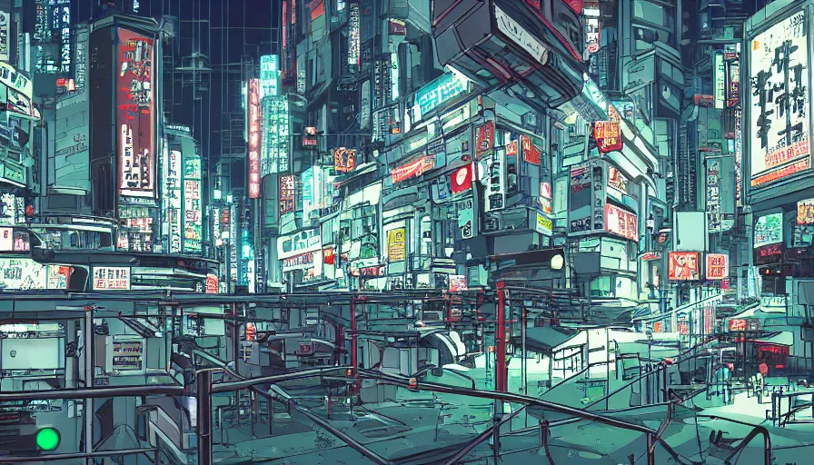 Prompt: Wide angle Concept Art of neo-Tokyo Maximum Security Mint Bank, in the Style of Akira, Anime, Dystopian, Cyberpunk, Crypto Valut, Helicopter Drones, 19XX