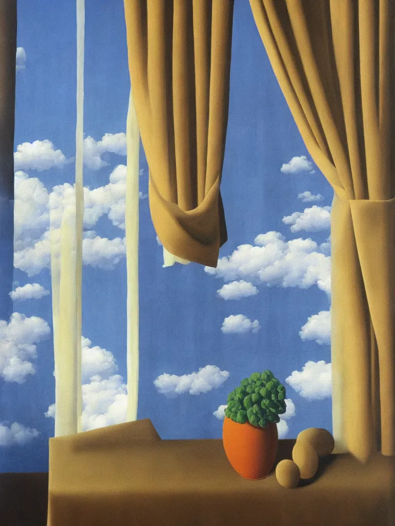 Prompt: curtains are clouds by rene magritte, detailed painting, hd, hq, high resolution, high detail, 4 k, 8 k