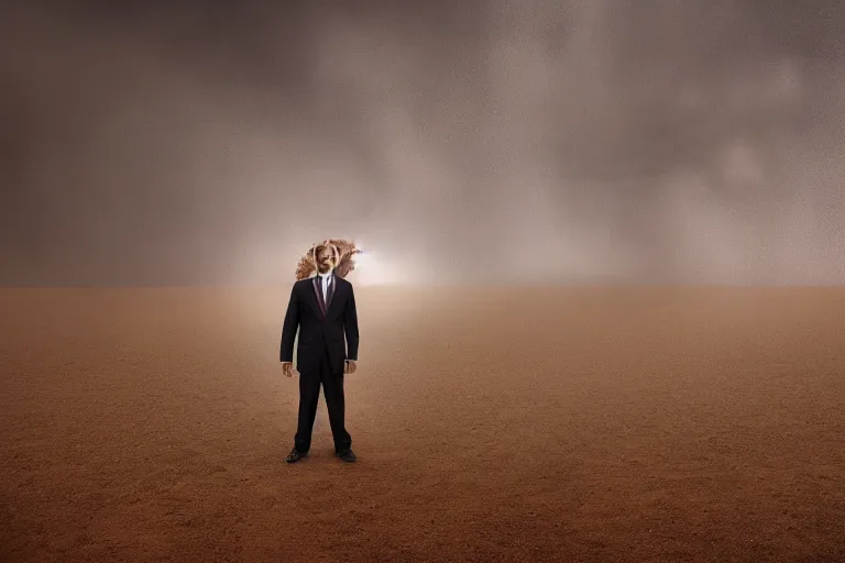 Prompt: a cinematic portrait photograph of a man dressed in a business suit in a desert, dust storm, thunder and lightning, lee madgwick and zack snyder, 8 k, hd, high resolution, 3 5 mm, f / 3 2, tenet