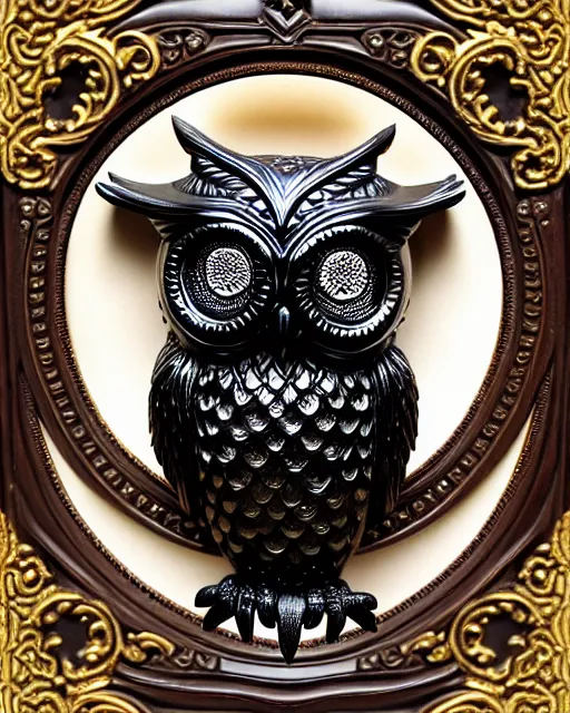 Image similar to royal ornate black ebony realistic detailed owl sanctuary stronghold fortess with golden filigree carved out of ivory