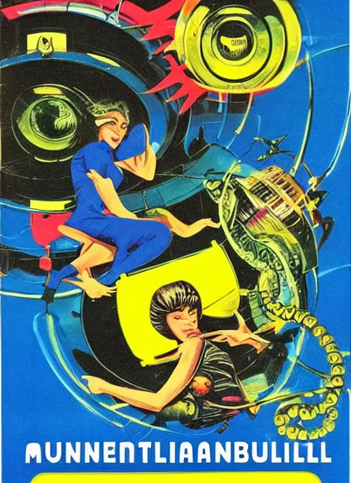 Image similar to Beautiful Super Monkey Ball lives inside a 'GameCube', retro science fiction cover by Jon Steranko and Kelly Freas (1965), vintage 1960 print, tarot card, vivid, highly detailed