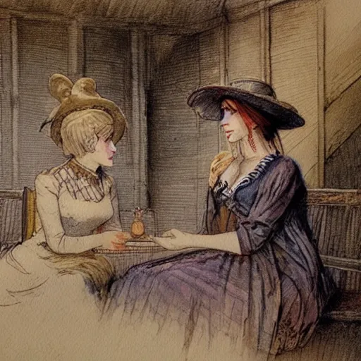 Prompt: a mummy in victorian clothes hat has an intimate conversation with a woman in victorian clothes, watercolor graphic novel style by alan lee and john howe, style of professors daughter