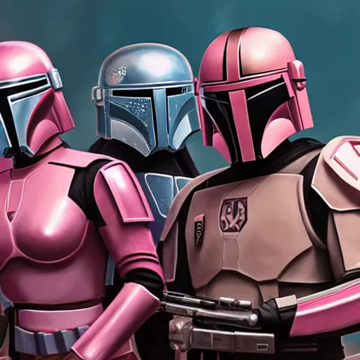 Image similar to bo katan, koska reeves, and a very fancy female mandalorian in a pink suit and bedazzled helmet. digital art. photo realistic. 4 k. intricate. detailed. by krenz cush art simon fetscher.