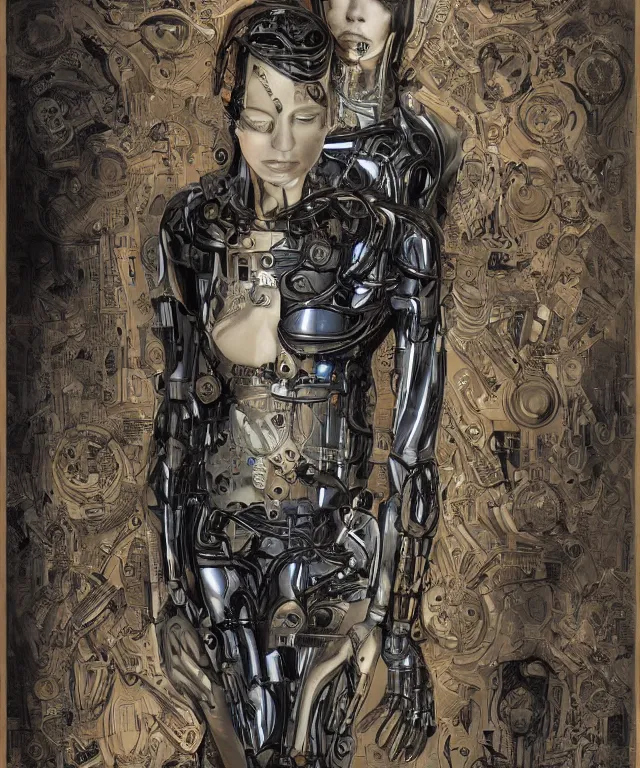 Prompt: a woman turning into an android, portrait, wearing aa cybernetic body, surrealism, intricate detail, ornate armor