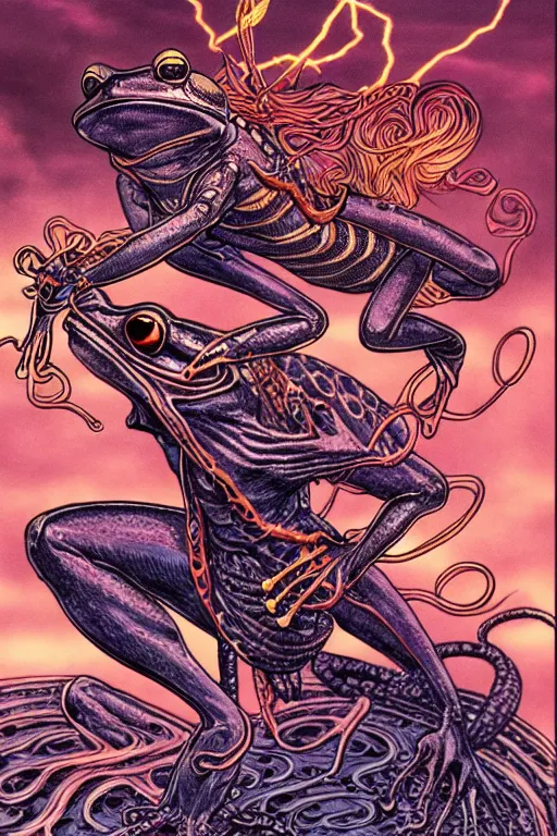 Image similar to illustration of a lightning demon riding a frog, intricate linework, in the style of moebius, ayami kojima, 1 9 9 0's anime, retro fantasy