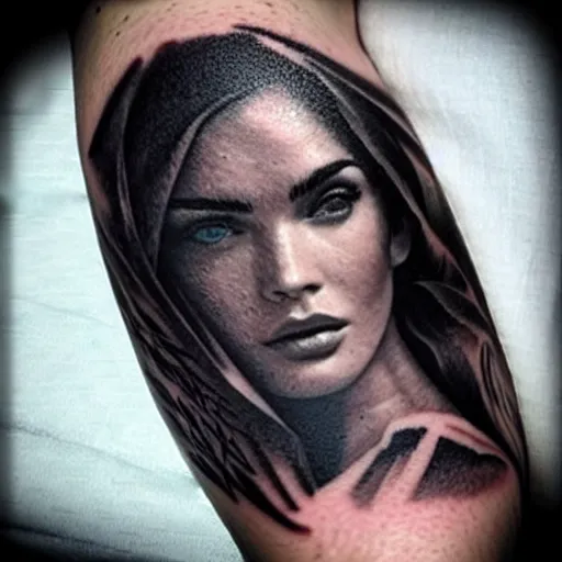 Image similar to double - exposure tattoo sketch of megan fox blended in beautiful mountains shape, in the style of dan mountford