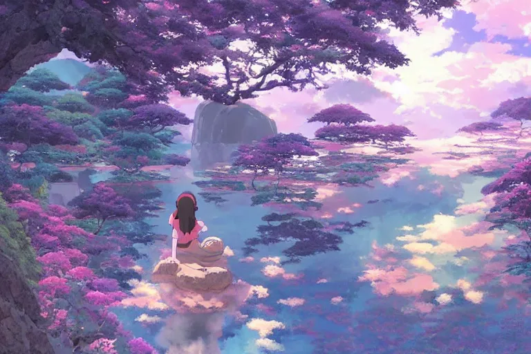 Prompt: painting of a dreamscape, a smiling bodhisattva in the foreground, otherworldly and ethereal by kazuo oga in the anime film by studio ghibli, screenshot from the anime film by makoto shinkai