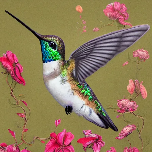 Prompt: hummingbird, background covered with fine floral ornaments, eye - level medium - angle shot, intricate, floral background, by esao andrews, by m. w. kaluta, by yoshita amano, romantic, intricate, natural lighting, smooth, fine art, 3 d octane render, depth perception, 4 k,, artstation