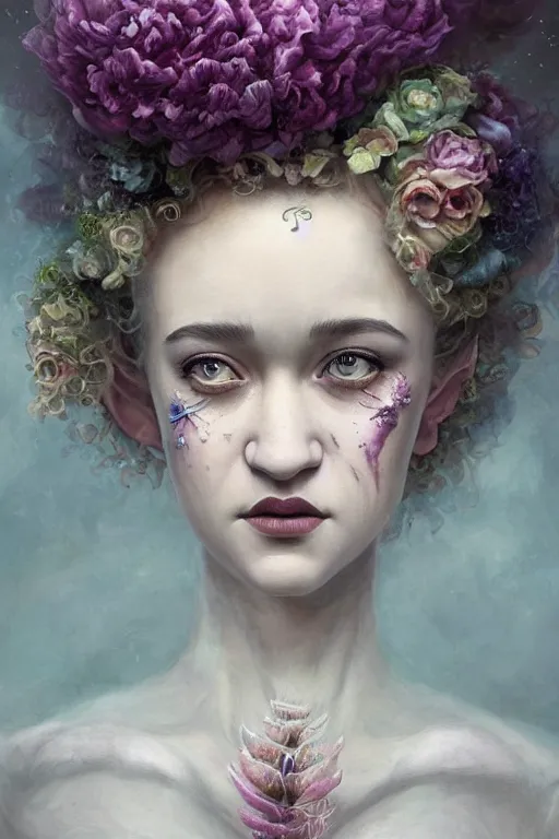 Image similar to closeup portrait shot of julia garner as delirium of the endless, the sandman, the fairy queen, floral growth, thick fancy makeup, highly detailed, digital painting, artstation, concept art, soft focus, depth of field, artgerm, tomasz alen kopera, peter mohrbacher, donato giancola, wlop, boris vallejo