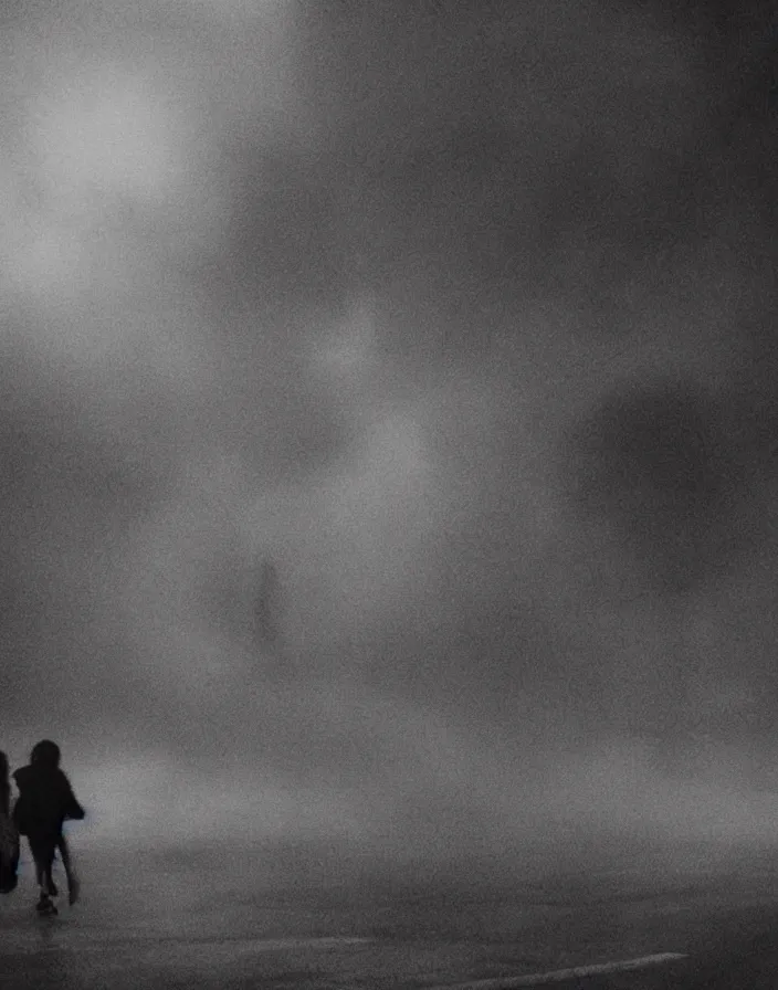 Image similar to very low - resolution found footage of a couple escaping in the city from a starfish kaiju monster, fog, foggy, korean film noir, monochrome, red hue, thriller, underdeveloped, epic, dramatic