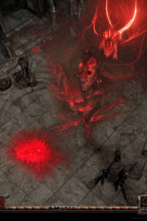 Image similar to Path of Exile, [Sirius], clear [[bronze]] face [mask], luminous red eyes, male image with [bronze] black bloody armor, sitting on the throne, inside the ruined gothic church, black shadows, red lasers, dark red bloody fog, black-grey smoky tornadoes fly around, [[blood]], Anachronism, painting, dark fantasy, steampunk, 4k, perfect quality,