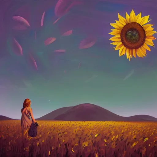 Image similar to giant yellow sunflower face, girl walking in wheat field, hills, surreal photography, dark night, star trails, dramatic light, impressionist painting, clouds, digital painting, artstation, simon stalenhag