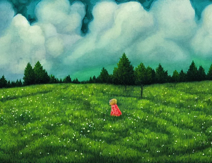 Image similar to wild chia pet in the meadow, stormy skies. russian fairytale art, gouache, dynamic composition, backlighting