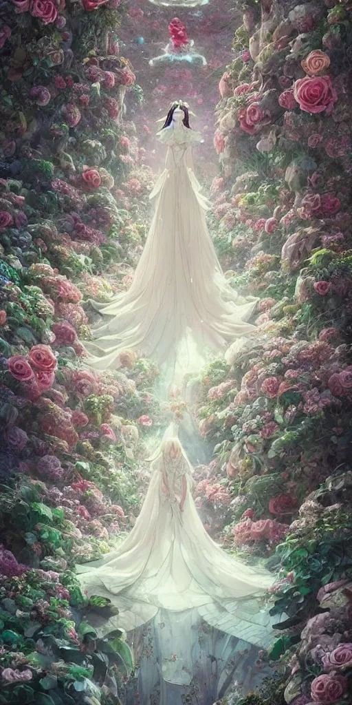 Prompt: the beautiful hyper detailed rose wedding dress in the fairyland surrounded by white clouds, in the style of makoto shinkai victo ngai and peter mohrbacher studio ghibli artgerm karol bak beeple, animation style, 8 k hd, dream, ultra wide angle, animation style, 3 drender, hyperdetailed