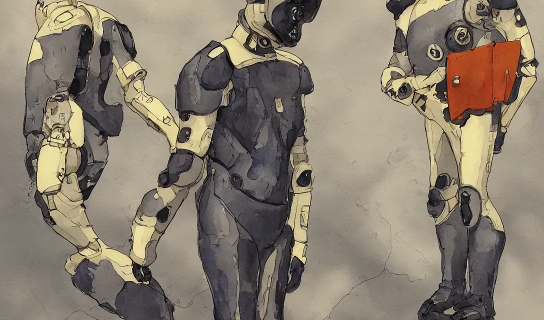 Image similar to male, full body, modern space suit, very stylized character design, large shoulders, short torso, long thin legs, tiny feet, science fiction, hyperdetailed, technical suit, shoulderpads, watercolor digital painting, in style of mike mignola, by alex maleev, jean giraud, painted by leyendecker