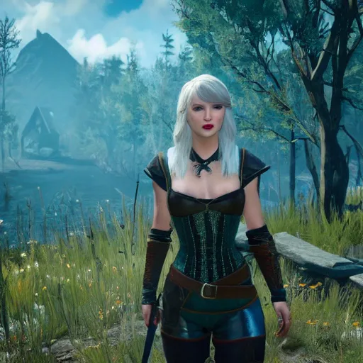 Image similar to Taylor Swift in The Witcher 3, gameplay, 8k, HD