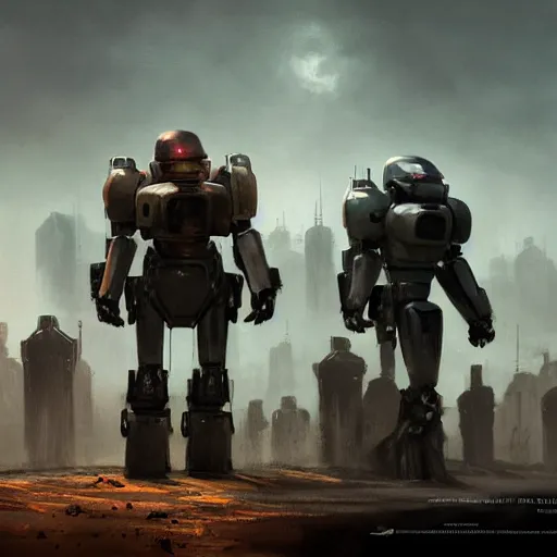 Image similar to a digital painting of bounty hunter robots, matte painting, hyper realistic, very detailed, dramatic scene, realistic lighting, dark fantasy, 4 k, in the style of greg rutkowski,