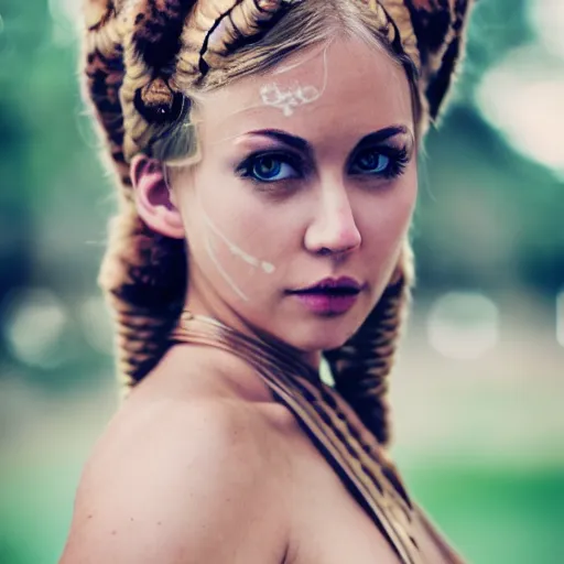 Image similar to an extremely beautiful!!!! young blonde woman with symmetric face. sensual. wearing a cosplay of slave leia in a star wars convention. petzval lens. shallow depth of field. on flickr, award winning. ethnographic portraiture photograph