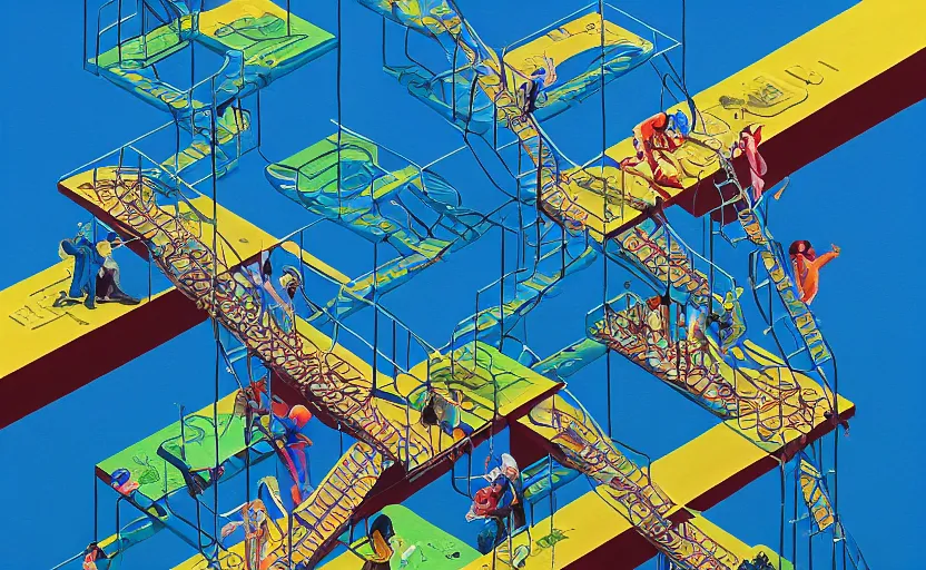 Image similar to chutes and ladders. centered award winning acrylic painting, isometric illustration by beeple, edited by mc escher, detailed by raqib shaw, popsurrealism, symmetrically isometrically centered
