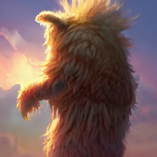 Prompt: colossal fluffy rick, golden hour, fantasy, vivid colors, sharp focus, digital art, hyper - realistic, 4 k, unreal engine, highly detailed, hd, dramatic lighting by brom, trending on artstation