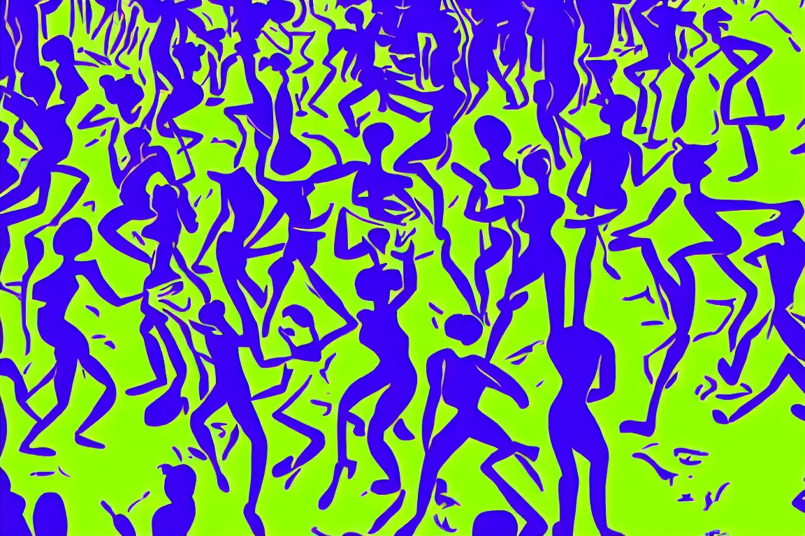 Prompt: henri matisse. close up of sketched humans underground raving standing in circle in a club. a chaotic scenery. palm trees and dj equipment, music, a bar with drinks. slight, fine contours of faces, arms, bodes. disco ball overhead. the floor is green. dark blue background. jumping. minimalistic desaturated color palette. fine brush strokes. horizon