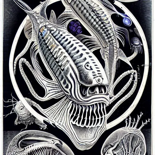 Image similar to alien fish anatomy by ernst haeckel, masterpiece, vivid, very detailed