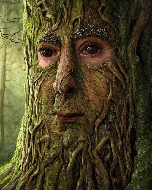 Prompt: a talking oak tree, a face in the bark, nose made of wood, eyes in the bark, fantasy concept art, leaves and moss, digital painting, oil painting, hyperrealistic, beautiful, treebeard, ent, highly detailed, soft lighting, golden sunlight, very detailed eyes, artstation, cgsociety, in the forest, by alan lee, by artgerm