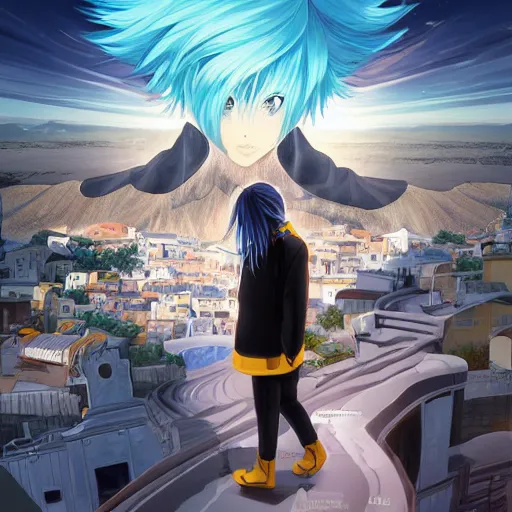 Prompt: side profile of rimuru tempest crying with sky blue hair, long hair, gold eyes, black jacket with white stripes and a high collar | highly detailed, greek city in the background, professional digital painting, digital art, concept art, award - winning photography, cinematic, wlop | art by pixiv art, ilya kuvshinov, yoshitaka amano