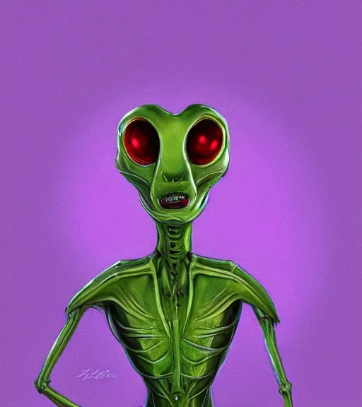 Image similar to character portrait art, ant alien with love in its heart, trending in artstation, purple color lighting