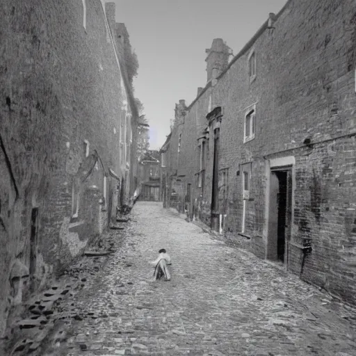 Image similar to Old brick house came alive and angrily walking around 1900 London, people are running away in panic