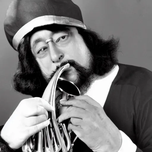 Prompt: photo of chuck mangione hugging his flugelhorn