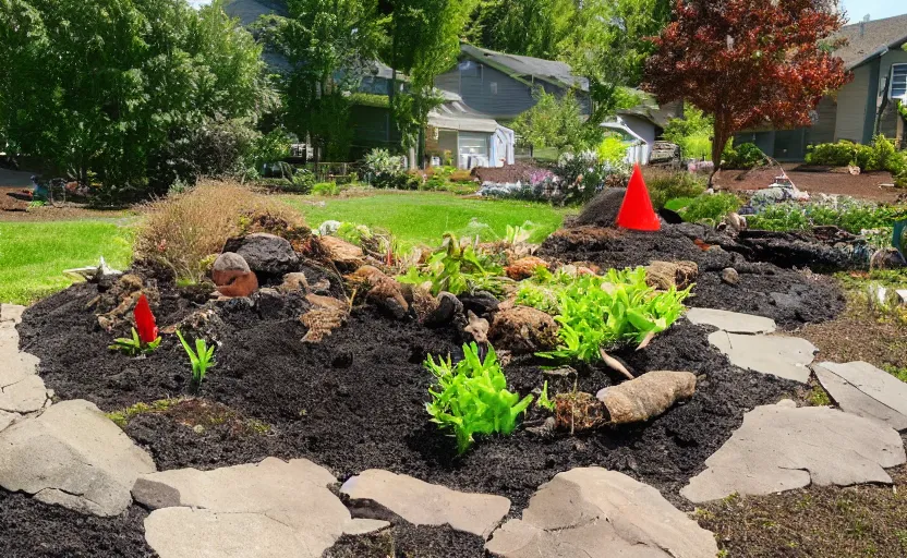 Image similar to suburban yard with miniature volcano erupting in the yard, ground level