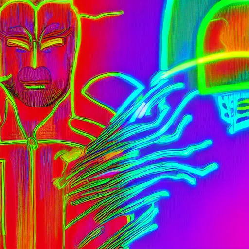 Image similar to neon rainbow samurai ghost of the rain, illustration, glitchart