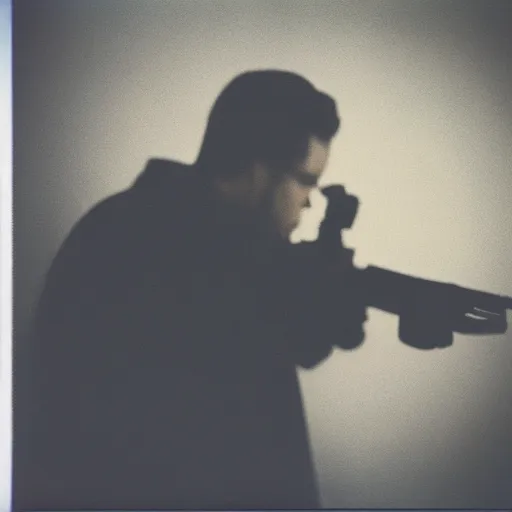 Prompt: An atmospheric close up photo of A man sticking a gun in the camera, bokeh, Polaroid, masterpiece