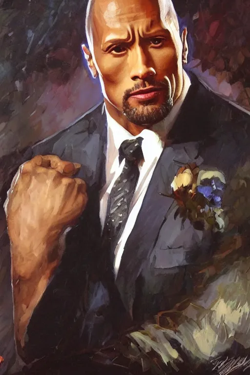 Prompt: elegant romantic portrait photo of dwayne johnson by greg manchess, mucha, iain mccaig,