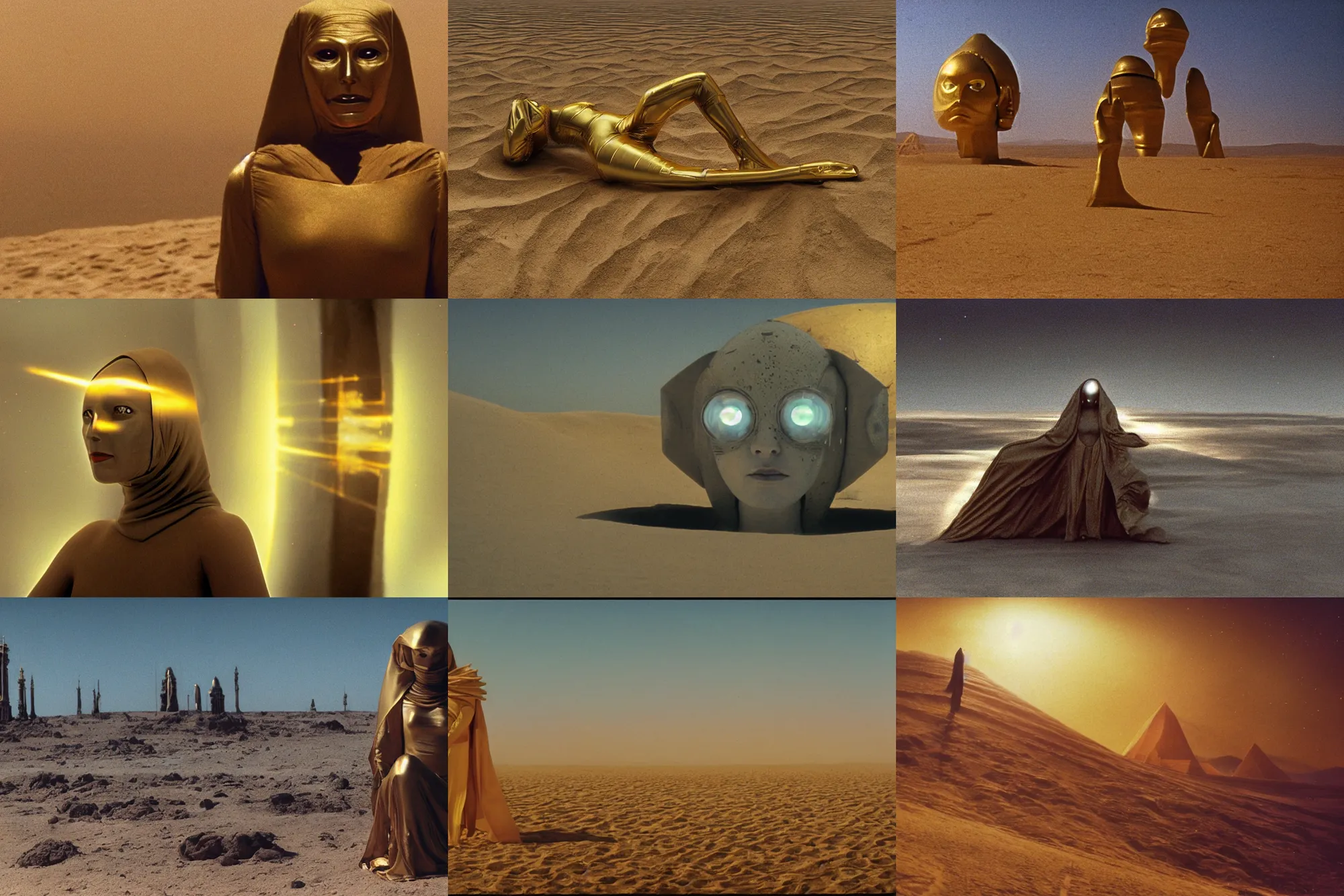 Prompt: the long - shot portrait of bene gesserit in full - face golden glowing mask seeing the abandoned city beneath the sand, spaceship in the sky, film still from the movie directed by alejandro jodorowsky with cinematogrophy of christopher doyle and art direction by hans giger, anamorphic lens, kodakchrome, very detailed photo, 8 k,