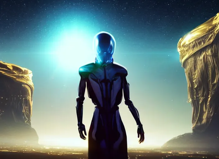 Prompt: closeup of an alien with beautiful glowing eyes, beautiful strange skin, wearing a long flowing cloth shirt over stylish large futuristic golden armor suit walking to an outpost with tall buildings and lights in the background, night sky with stars, beautiful colorful, incredible detail, anamorphic 2 0 mm lens cinematic flare