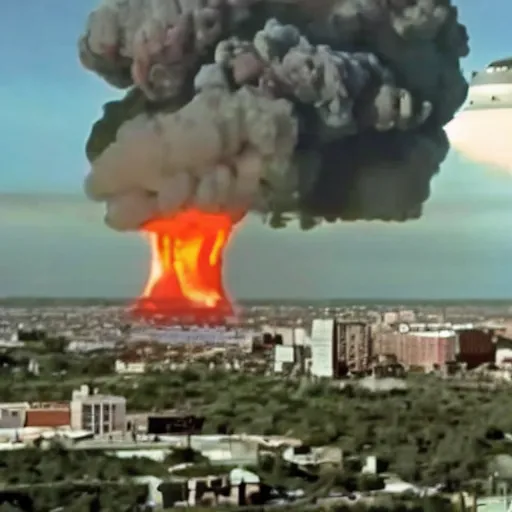 Image similar to nuclear explosion, mushroom cloud, 2 4 0 p full color grainy footage, 2 0 0 6 youtube video, shockwave destroyed buildings, helicopter footage over city, fleeing crowds of people — ar 4 : 3