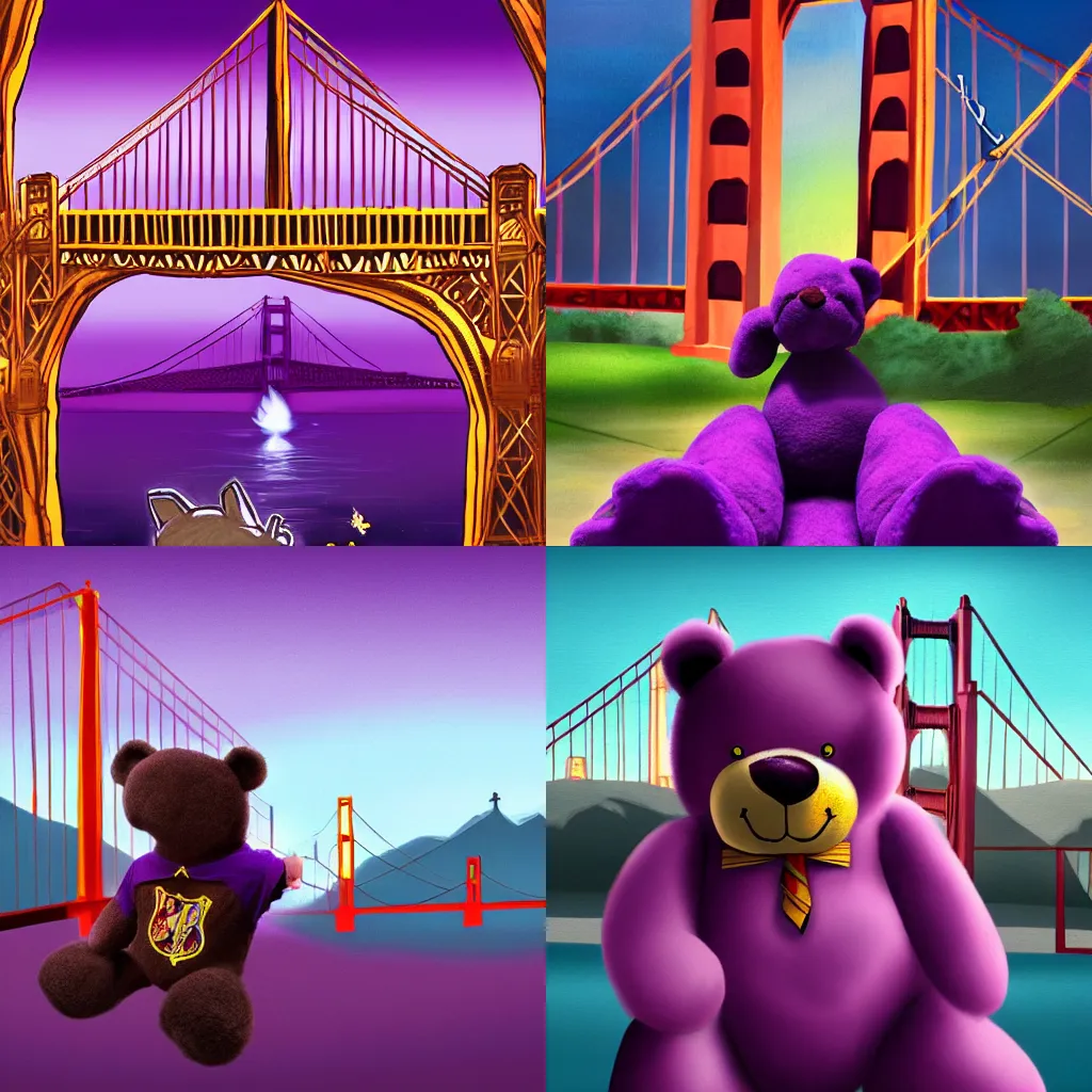 Prompt: harry potter casts a purple spell at a giant teddy bear looming with the golden gate bridge behind | trending on artstation