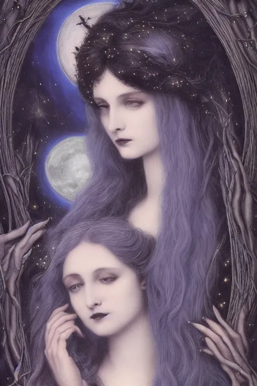 Prompt: beautiful portrait of the goth queen of night with the moonlight shining in her hair | black velvet and silver stars| cinematic lighting | Evelyn De Morgan and John Waterhouse | pre-Raphaelites | rich colors