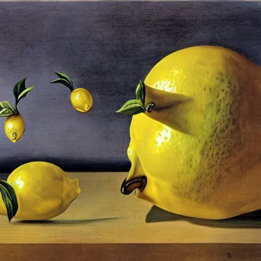 Prompt: a lemon eating another lemon, salvador dali, horror