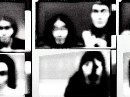 Prompt: a group of people staring at the viewer, blurred faces, night b&w, found footage, VHS, 240p