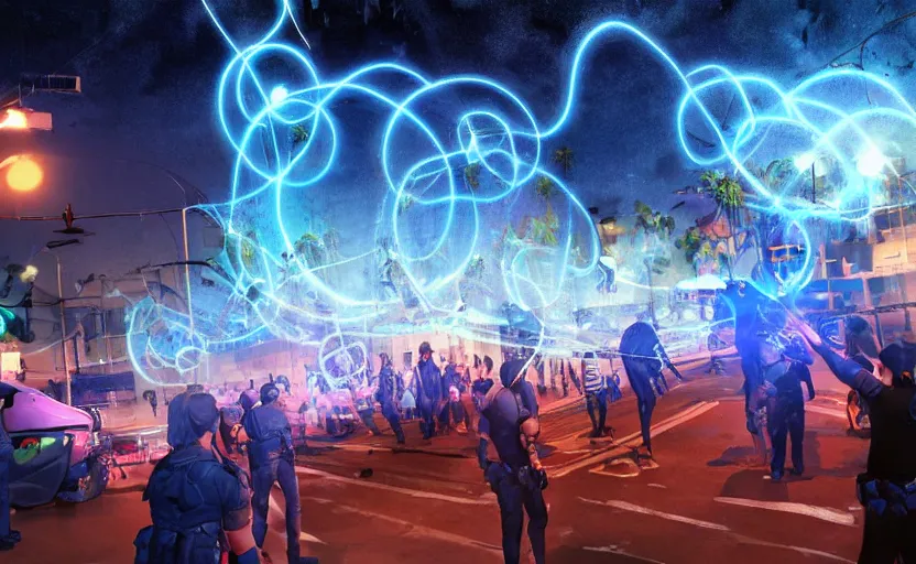 Image similar to people with posters attacking cops in front a huge blue spiral - shaped bright white luminous attractor that is floating and stores in los angeles with light screens all over the street, concept art, art for the game, professional lighting, night lighting from streetlights