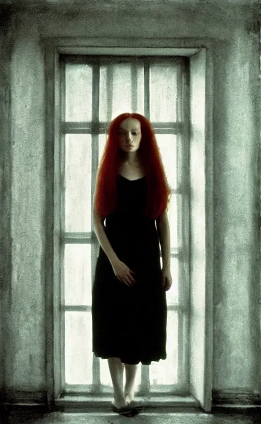 Image similar to portrait of a girl with long red hair, very beautiful style, girl standing in a black room by a window, wearing a gold suit, photorealism, andrei tarkovsky deborah lou turbeville,