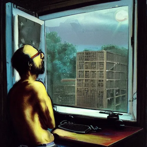 Image similar to a man begs his computer and monitor for more dalle 2 prompts. the apocalypse outside his giant apartment window. oil painting, 1 9 7 0 s